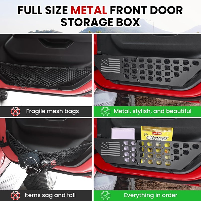 DIAMOOKY Metal Front Door Pocket Storage Box for Jeep Wrangler JL JLU 4XE 2018-2026 & Gladiator JT 2020-2023 2024 2025 2026 Accessories Door Organizer Storage (Not for Power Seats), Flat Flag, 2PCS - Image 4